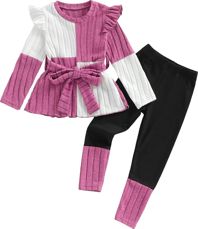 Conjunto 3 piezas para bebé niña – camisa de punto con mangas de volantes, leggings de bloque de color y cinturón