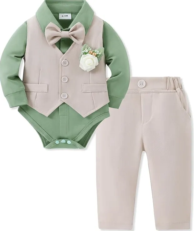 SANMIO Baby Boy Clothes Suits Gentleman Suit Infant Dress Shirt with Collar Shirt+Vest+Tie+Corsage+Pants 5 Piece Baby Suit Sets
